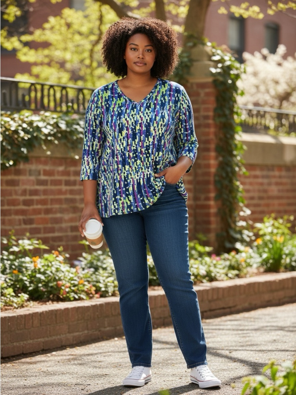 Susan Graver Liquid Knit Abstract Print Tunic Top L Blue Green Purple - Picture 6 of 10